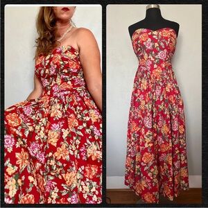 Vintage Laura Ashley Strapless Red Floral Sweetheart Dress Sz 2
